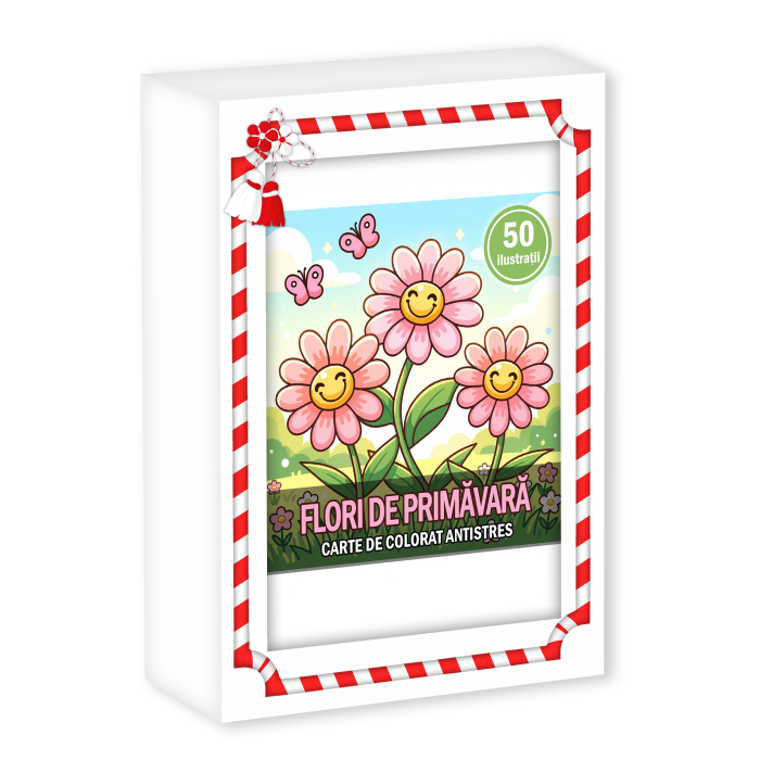 Martisor de colorat pentru copii, 50 de ilustratii format A6 in cutie cu tematica de primavara, model: Flori de Primavara [1]