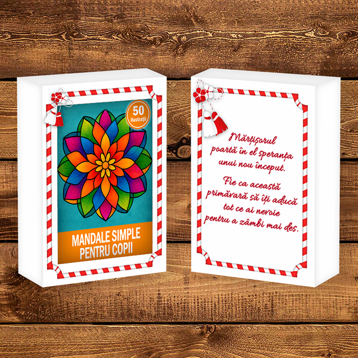 Martisor de colorat pentru copii, 50 de ilustratii format A6 in cutie cu tematica de primavara, model: Mandale simple pentru copii [2]