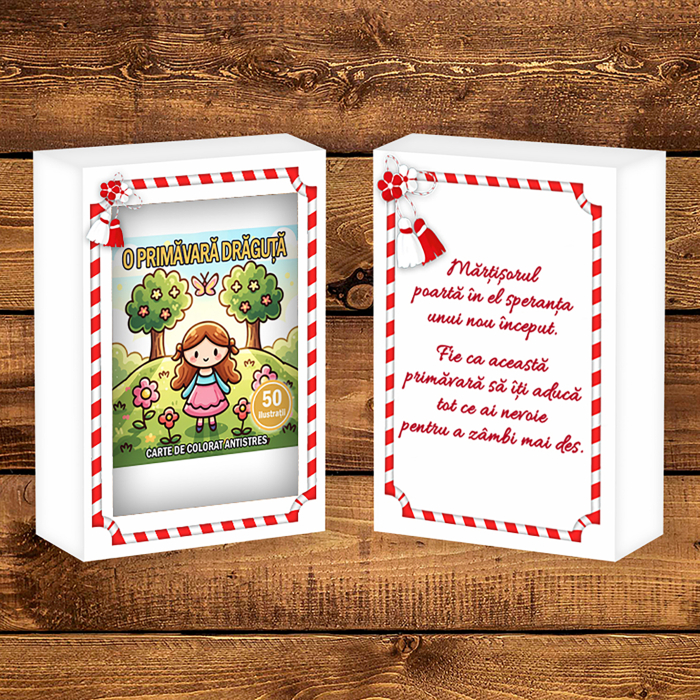 Martisor de colorat pentru copii, 50 de ilustratii format A6 in cutie cu tematica de primavara, model: O primavara draguta [2]