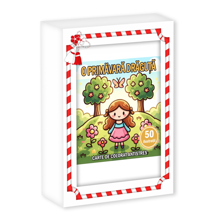Martisor de colorat pentru copii, 50 de ilustratii format A6 in cutie cu tematica de primavara, model: O primavara draguta [1]