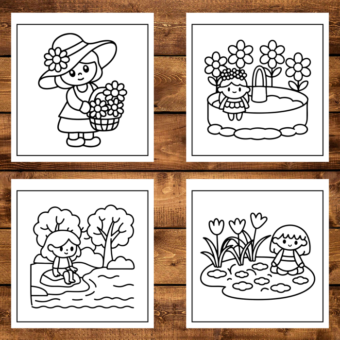 Martisor de colorat pentru copii, 50 de ilustratii format A6 in cutie cu tematica de primavara, model: O primavara draguta [4]