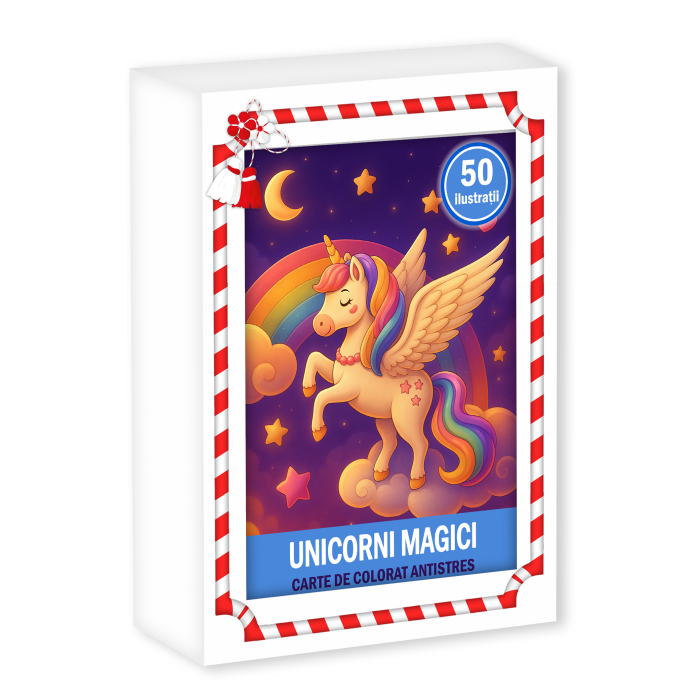 Martisor de colorat pentru copii, 50 de ilustratii format A6 in cutie cu tematica de primavara, model: Unicorni Magici [1]