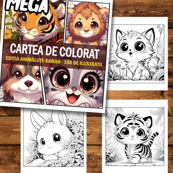 Mega cartea de colorat antistres , 100 de ilustratii Animalute Kawaii, 206 pagini [2]
