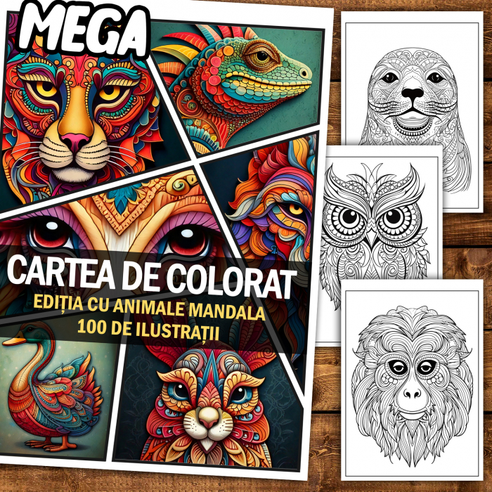 Mega cartea de colorat antistres , 100 de ilustratii cu Animale Mandala, 206 pagini [2]