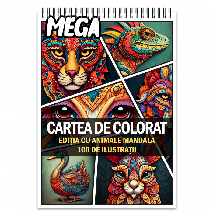 Mega cartea de colorat antistres , 100 de ilustratii cu Animale Mandala, 206 pagini [1]