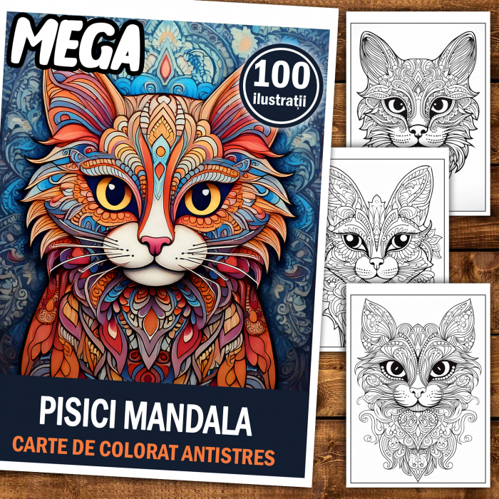 Mega cartea de colorat antistres , 100 de ilustratii cu Pisici Mandala, 206 pagini [2]