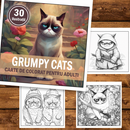 Carte de colorat, 30 de ilustratii, Grumpy Cats, 66 pagini [1]