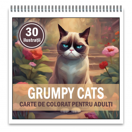 Carti de colorat antistres pentru adulti - Carte de colorat, 30 de ilustratii, Grumpy Cats, 66 pagini