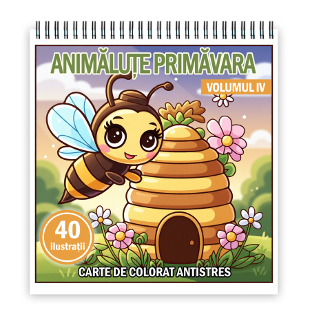 Carti de colorat pentru copii - Carte de colorat, 40 de ilustratii Animalute Primavara - Volumul IV, 86 pagini