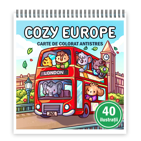 Carti de colorat antistres pentru adulti - Carte de colorat, 40 de ilustratii Cozy Europe, 86 pagini