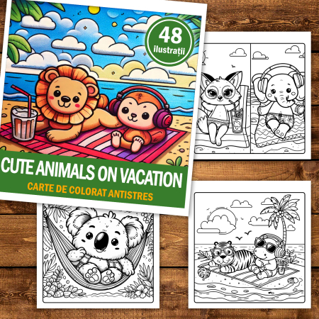 Carte de colorat, 48 de ilustratii Cute Animals on Vacation, 102 pagini [1]