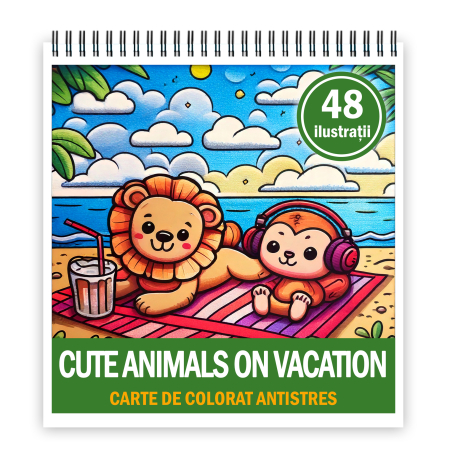 Carti de colorat antistres pentru adulti - Carte de colorat, 48 de ilustratii Cute Animals on Vacation, 102 pagini