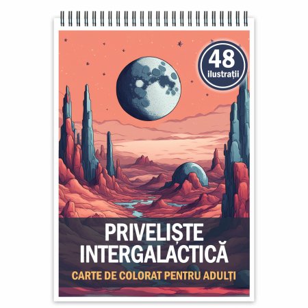 Carti de colorat cu Peisaje, cladiri, castele - Carte de colorat, 48 de ilustratii, Priveliste intergalactica, 102 pagini