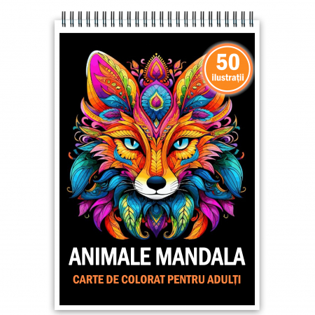 Carti de colorat antistres pentru adulti - Carte de colorat, 50 de ilustratii, Animale Mandala, 106 pagini