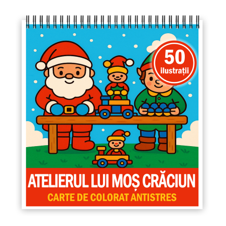 Carti de colorat antistres pentru adulti - Carte de colorat, 50 de ilustratii Atelierul lui Mos Craciun, 106 pagini