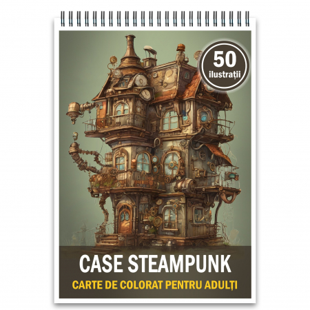 Carti de colorat cu Peisaje, cladiri, castele - Carte de colorat, 50 de ilustratii, Case Steampunk, 106 pagini