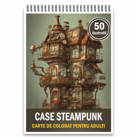 Carti de colorat cu Peisaje, cladiri, castele - Carte de colorat, 50 de ilustratii, Case Steampunk, 106 pagini