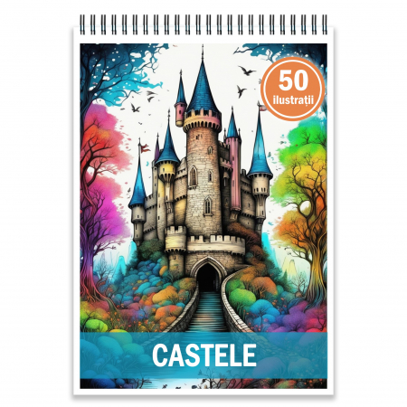 Carti de colorat cu Peisaje, cladiri, castele - Carte de colorat, 50 de ilustratii, Castele, 106 pagini
