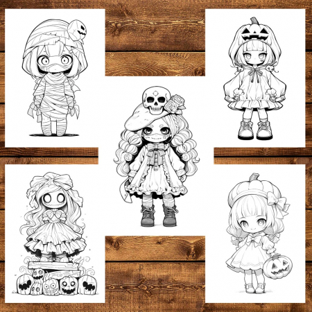 Carte de colorat, 50 de ilustratii, Chibi Halloween Girls, 106 pagini [5]