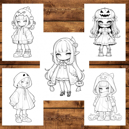 Carte de colorat, 50 de ilustratii, Chibi Halloween Girls, 106 pagini [4]