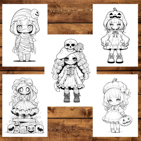 Carte de colorat, 50 de ilustratii, Chibi Halloween Girls, 106 pagini [5]