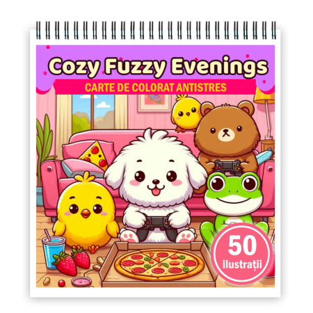 Carti de colorat antistres pentru adulti - Carte de colorat, 50 de ilustratii Cozy Fuzzy Evenings, 106 pagini
