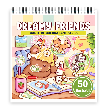 Carti de colorat antistres pentru adulti - Carte de colorat, 50 de ilustratii Dreamy Friends, 106 pagini