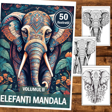 Carti de colorat cu Mandale - Carte de colorat, 50 de ilustratii, Elefanti Mandala - Volumul II, 106 pagini