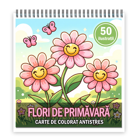 Carti de colorat pentru copii - Carte de colorat, 50 de ilustratii Flori de Primavara, 106 pagini