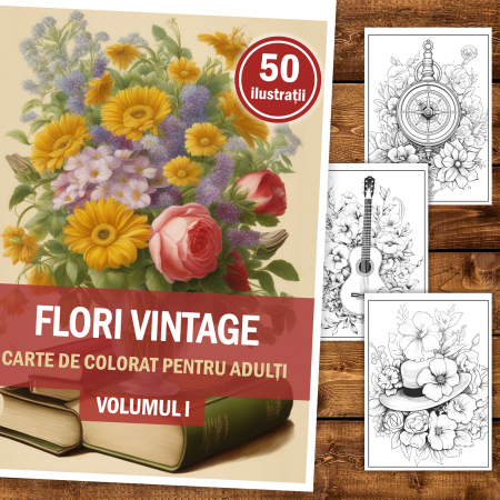 Carte de colorat, 50 de ilustratii, Flori vintage - Volumul I, 106 pagini [1]