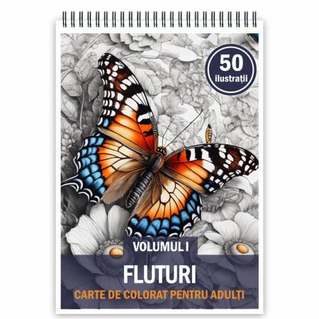 Carti de colorat cu Animale - Carte de colorat, 50 de ilustratii, Fluturi - Volumul I, 106 pagini