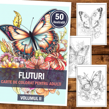 Carte de colorat, 50 de ilustratii, Fluturi - Volumul II, 106 pagini [1]