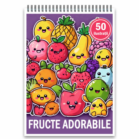 Carti de colorat pentru copii - Carte de colorat, 50 de ilustratii, Fructe Adorabile, 106 pagini