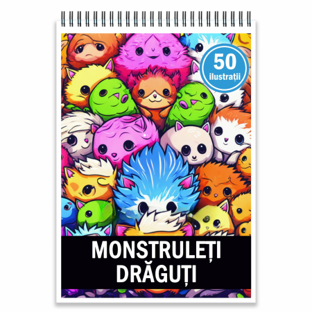 Carti de colorat pentru copii - Carte de colorat, 50 de ilustratii, Monstruleti draguti, 106 pagini