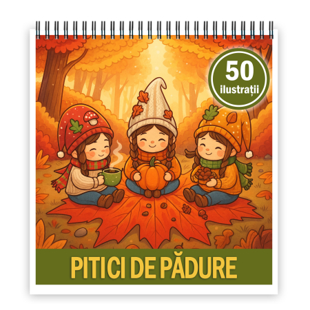 Carti de colorat pentru copii - Carte de colorat, 50 de ilustratii Pitici de Padure, 106 pagini
