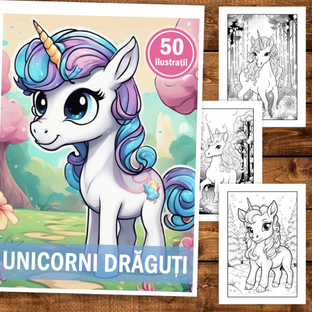 Carte de colorat, 50 de ilustratii, Unicorni draguti, 106 pagini [1]