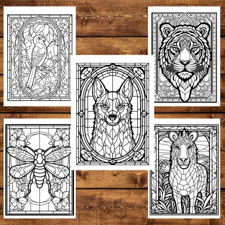 Carte de colorat, 50 de ilustratii, Vitralii cu Animale, 106 pagini [5]