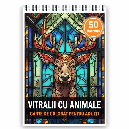 Carti de colorat cu Vitralii - Carte de colorat, 50 de ilustratii, Vitralii cu Animale, 106 pagini