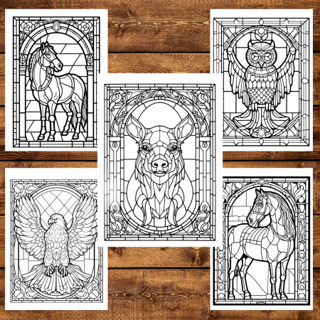 Carte de colorat, 50 de ilustratii, Vitralii cu Animale, 106 pagini [3]