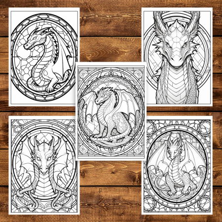 Carte de colorat, 50 de ilustratii, Vitralii cu Dragoni - Volumul I, 106 pagini [3]