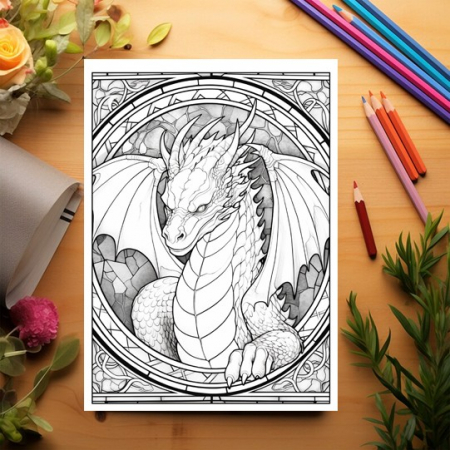 Carte de colorat, 50 de ilustratii, Vitralii cu Dragoni - Volumul I, 106 pagini [2]