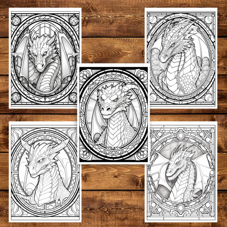 Carte de colorat, 50 de ilustratii, Vitralii cu Dragoni - Volumul II, 106 pagini [4]