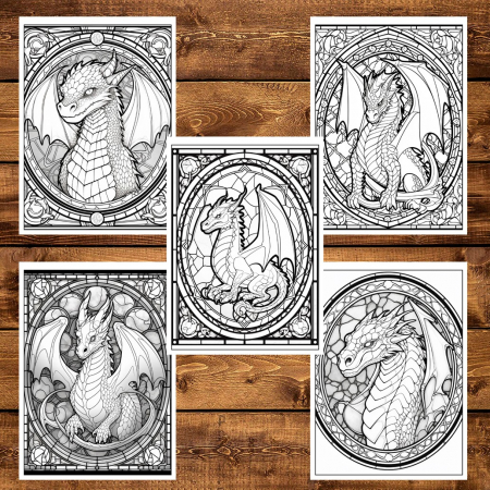 Carte de colorat, 50 de ilustratii, Vitralii cu Dragoni - Volumul II, 106 pagini [5]