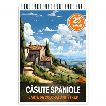 Carti de colorat cu cladiri si casute - Carte de colorat antistres , 25 de ilustratii Casute Spaniole, 56 pagini
