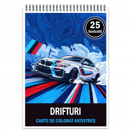 Carti de colorat cu masini si vehicule - Carte de colorat antistres , 25 de ilustratii Drifturi, 56 pagini