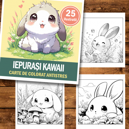 Carte de colorat antistres , 25 de ilustratii Iepurasi Kawaii, 56 pagini [1]