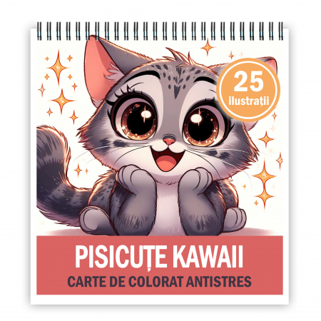 Carti de colorat pentru copii - Carte de colorat antistres , 25 de ilustratii Pisicute Kawaii, 56 pagini