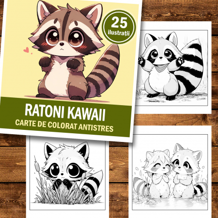 Carte de colorat antistres , 25 de ilustratii Ratoni Kawaii, 56 pagini [1]