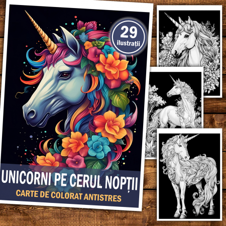 Carte de colorat antistres , 29 de ilustratii Unicorni pe cerul noptii, 64 pagini [1]