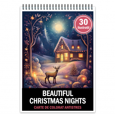 Carti de colorat de Craciun - Carte de colorat antistres , 30 de ilustratii Beautiful Christmas Nights, 66 pagini